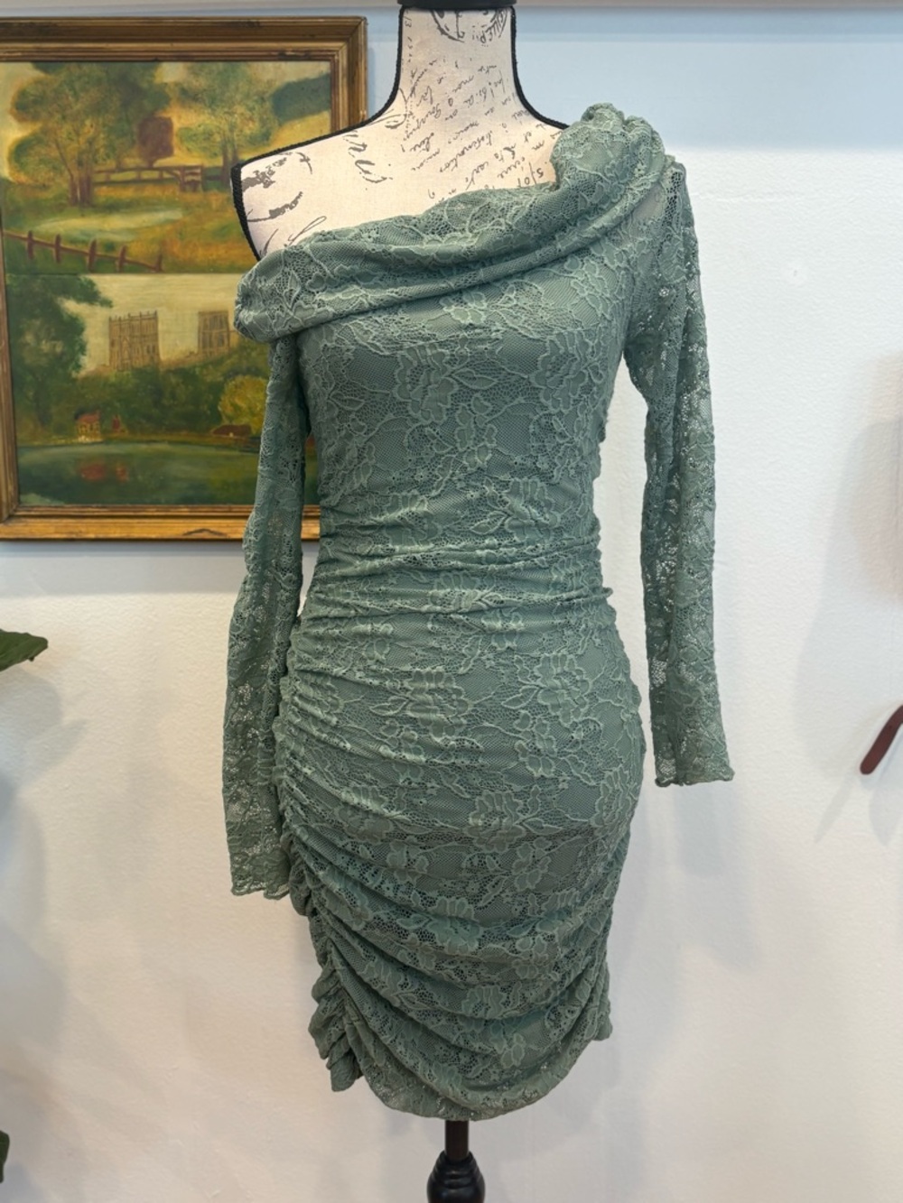 Sage Green Lace One Shoulder Ruched Dress | Romantic